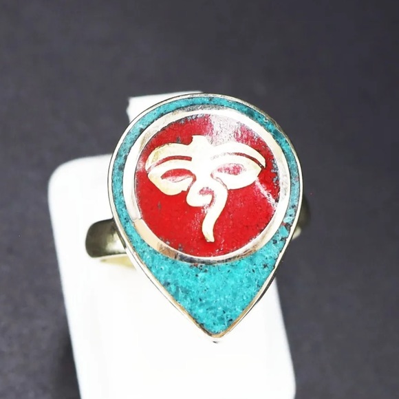 Tibetan turquoise and red coral adjustable rings - Picture 1 of 8